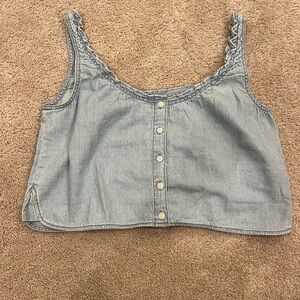 Madewell denim ruffled up-neck crop top